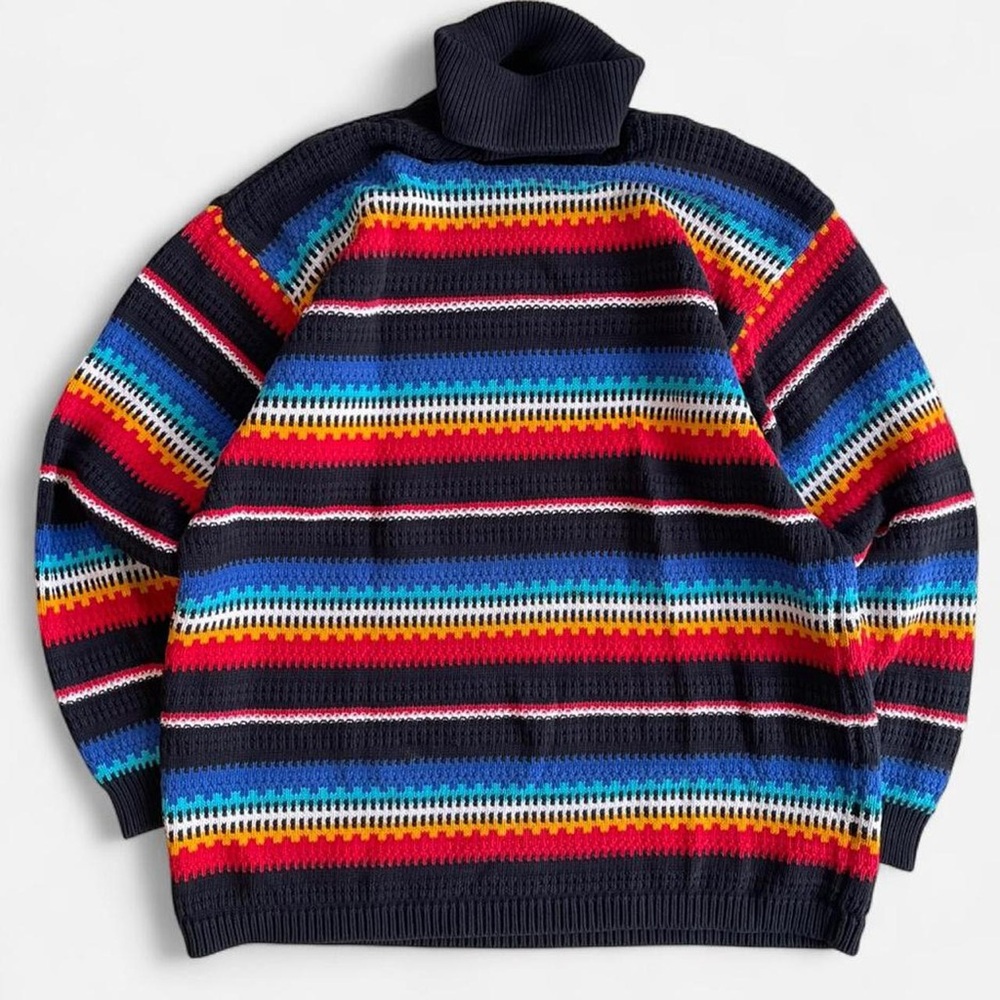 Vintage Lizsport Black & Rainbow Multicolored Striped Knit Turtleneck Sweater M